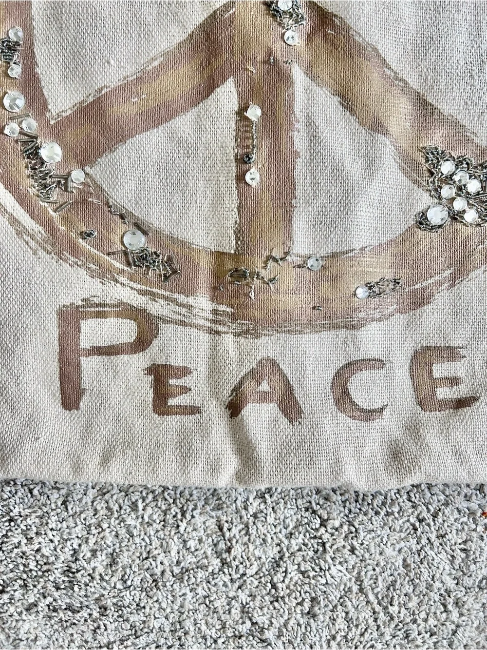 Pottery Barn Peace Sequin Beaded Pillow Cover 20 x 20 Cream Cotton Linen